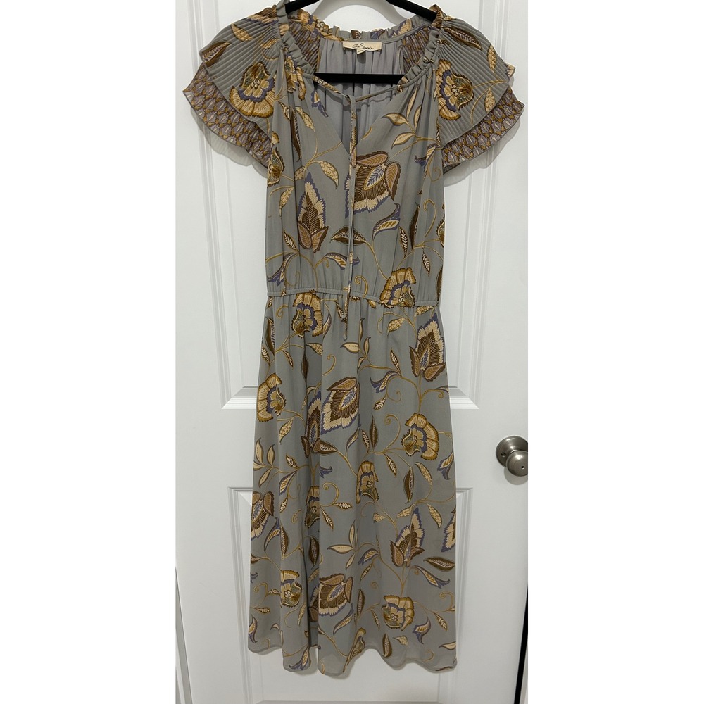 Les Serein Gray Floral Print Midi Dress Women's Size M Pleated Ruffle Sleeve